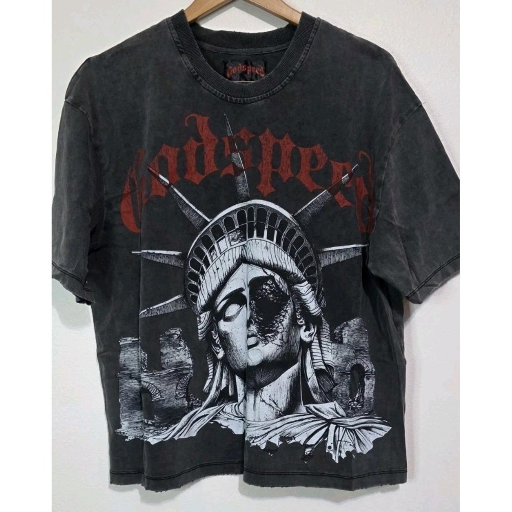 NEW Godspeed Statue of Liberty Graphic T-Shirt Distressed Black Liberty Men M